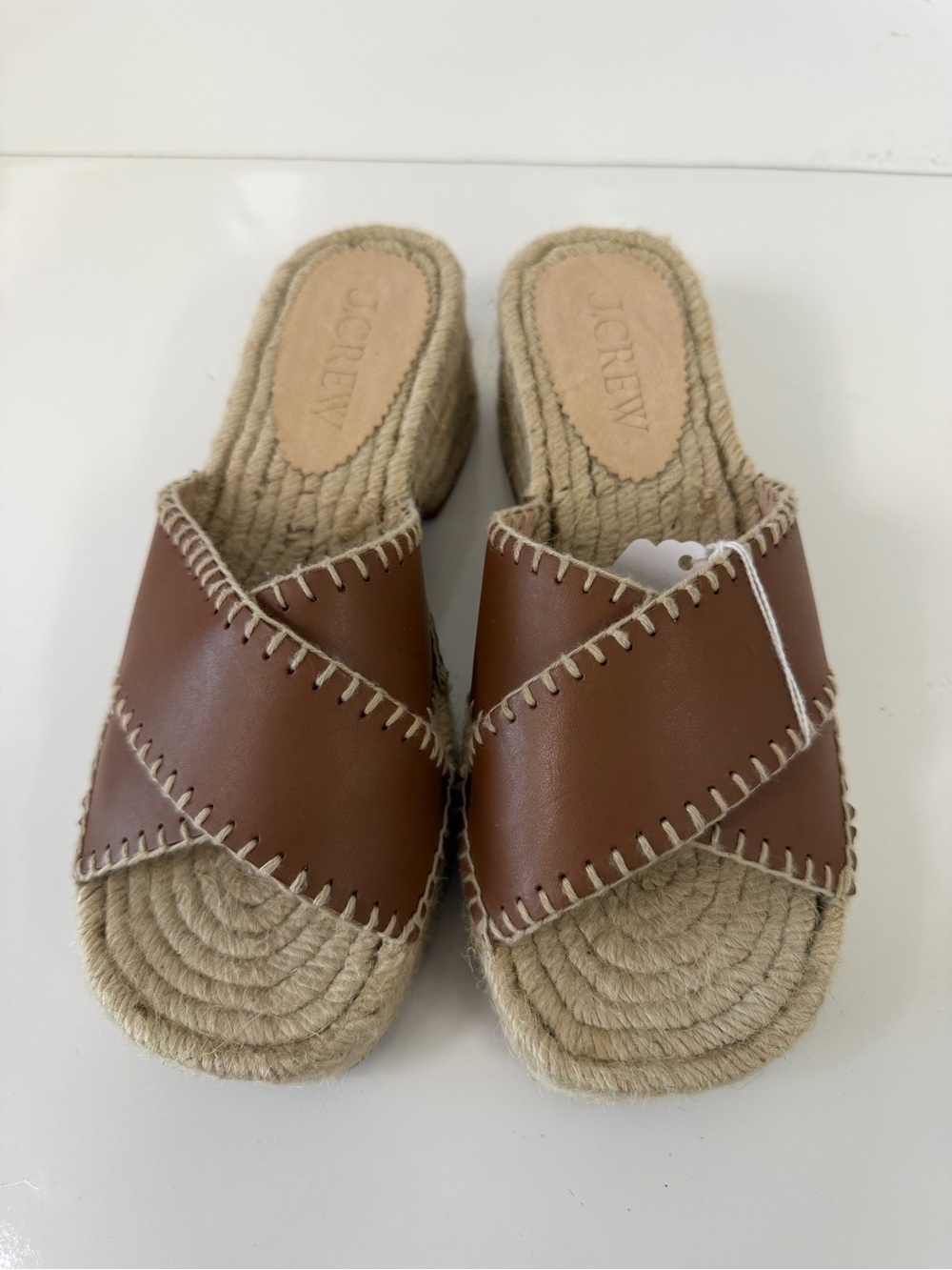 J.Crew Women’s Tan Leather Espadrille Block Heel Mule Sandals. Size: US 7.5